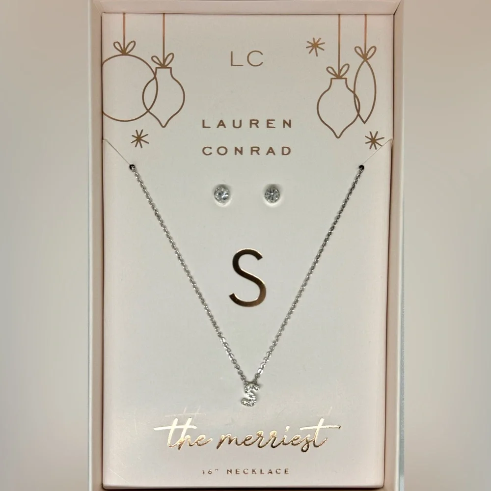 Box Set Silver Tone Crystal Initial “S” Pendant Necklace and Studs - Picture 2 of 5